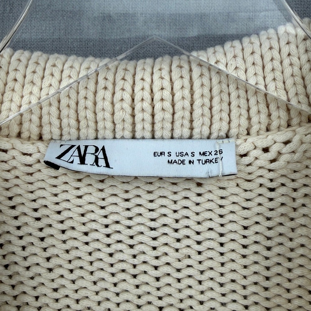 ZARA Cropped Polo Sweater Women Small Cream Relaxed Balloon Sleeve Casual Collar - Picture 10 of 15